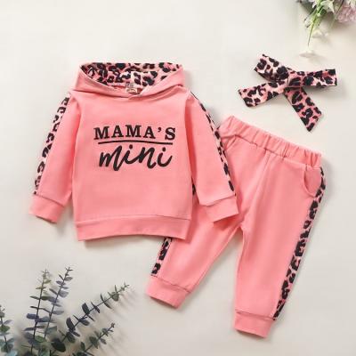 China Vintage Babies Fall Winter Clothes Pink Letter Leopard Sweatshirt Toddler Clothing Set With Headband Kids Hood Leopard Outfit Fall for sale