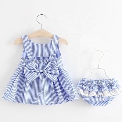 China Sustainable Newborn Babies Clothes Dress+Briefs 2PCS Sleeveless Outfits Set Lace Striped Printed Cute Clothing Sets Summer Suit 0-24M for sale