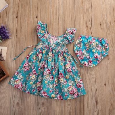 China Breathable Summer Infant Baby Ruffle Floral Printed Briefs Short Bloomers Outfits Float Sleeve Kids Flower Printed Dress Sets for sale