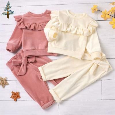 China 95%Cotton 5%Polyester Toddler Babies Winter Velvet Sets Round Neck Full Sleeve Ruffle Trim Sweater + Elastic Waist Pant 2pcs Infant Clothes for sale