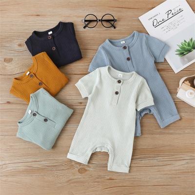 China Spandex/Cotton Summer Babies Solid Color Front Button Short Sleeve One Piece Soft Baby Boys Girls Ribbed Rompers Jumpsuit for sale