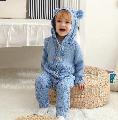 China Autumn Newborn Long Sleeve Solid Acrylic Color Cute Bear Sweater Overall With Hooded Button Baby Knit Overalls Romper for sale