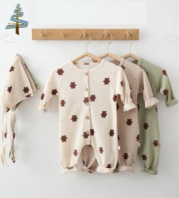 China 2PCS 0-12M Unisex Baby Cotton Polyester/Cotton 2PCS Long Sleeve Cardigan Romper With Hat Bear Printing Newborn Waffle One-Piece Overalls for sale