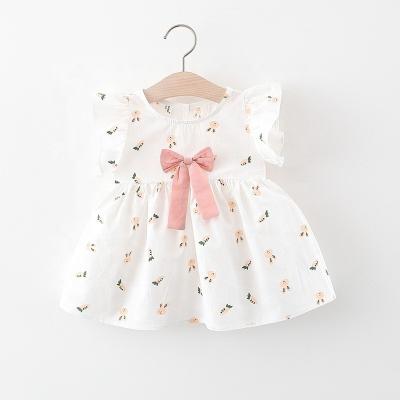 China Newest Design Summer Kids Boutique O-Neck Bow Toddler Breathable Sleeveless White Ruffle Baby Short Sleeve Dress for sale