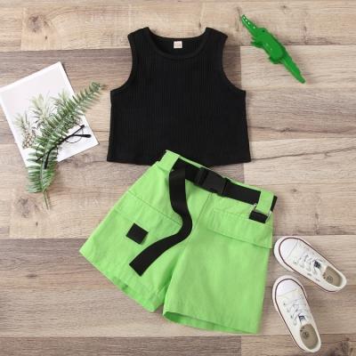 China New Arrivals Casual Kids Clothes Girls Solid Color Round Neck Vest Jumpsuit Cargo Shorts With Belt 2 Pcs Kids Clothing Set for sale