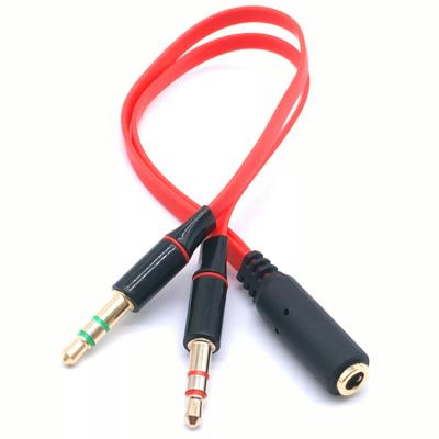 China Red Multimedia And Gold Plated Earphone Mic Audio Y Splitter 3.5mm 1 Female To 2 Male Flat Audio Cable for sale