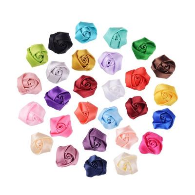 China Eco-firendly 50pcs/bag 25mm Handmade Satin Ribbon Ruched Rose Flowers Decorative Artifical Silk Fabric Wedding DIY Bouquet Crafts Embellishment for sale