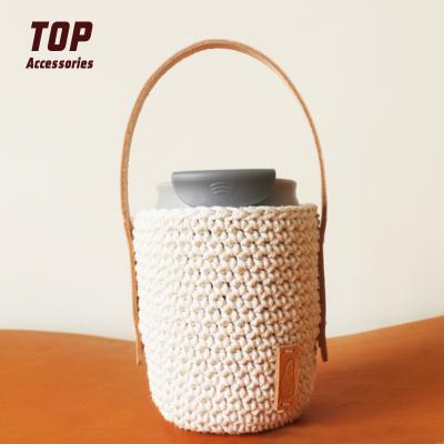 China High Quality Minimalist Knitted Coffee Mug Sleeves Insulated With Genuine Leather Strap for sale