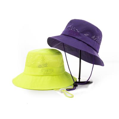 China Custom Outdoor Sun Protection Camp Logo Character Embroidery Fluorescent Green Bucket Hat With String for sale