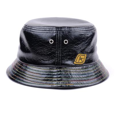 China Character Owner Designer Bucket Hats Famous Brand, Black Plain PU Leather Bucket Hat With Embroidery Logo Wholesale for sale