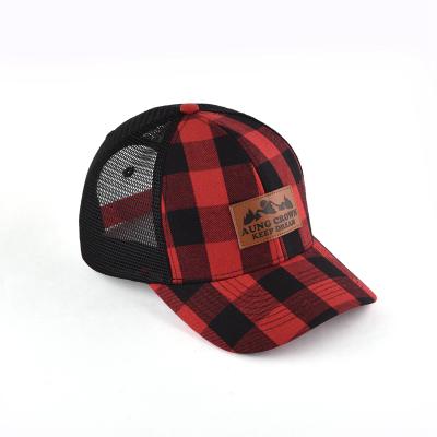 China JOINT High Quality Custom Mountain Leather Patch Verified/Plaid Sports Mesh Trucker Cap Hats for sale