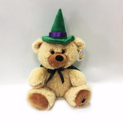 China Environmental Halloween Brown Stuffed Toy Plush Teddy Toy Bear With Witch Hat for sale