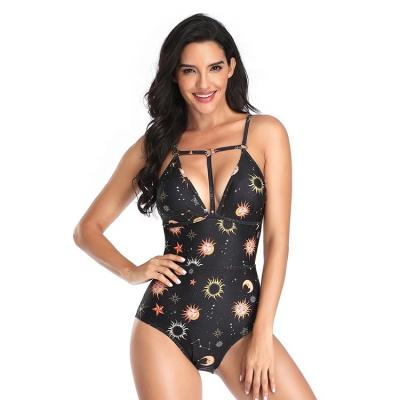 China 2021 Women Girls Halter Swimsuit Breathable Sexy One-piece V-Neck Swimwear Cartoon Printed Bikini With Rings for sale