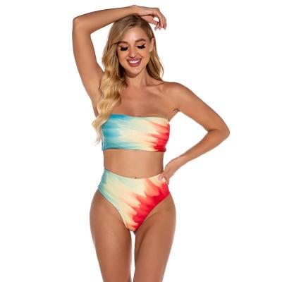 China 2021 Wholesale Women's Breathable Sexy Bikini Waist Slit Swimsuit High Tie Dye Printed Bikini For Ladies for sale