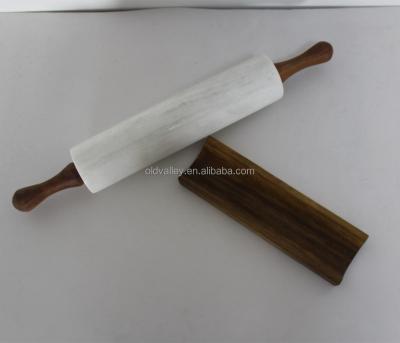 China Sustainable white marble pin with acacia wood handle and rack for cookware for sale