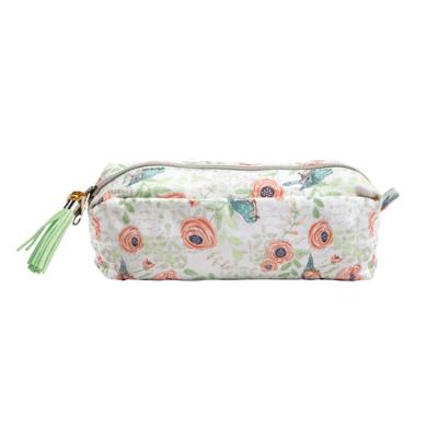 China Schools & Small Size Seafoam Floral Green Offices White Printed Tassel Zipper Pull Bird Canvas Pencil Pouch for sale