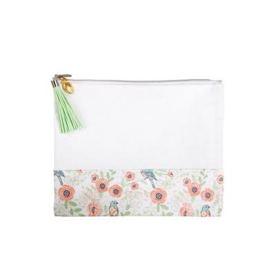 China Schools & Seafoam Floral Green Bird Large Capacity Offices Large Capacity Tassel Zipper Pull White Printed Canvas Pencil Pouch for sale