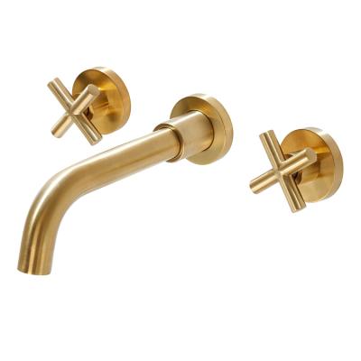 China Wall Mounted Basin Mixer Yile Double Handle Brushed Gold Bathroom Faucet Wall Mounted Basin Mixer With Cross Lever for sale