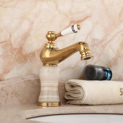 China European Style Metered Faucets Gold Plated Jade Brass Bathroom Faucet Long Spout Marble Basin Mixer Tap for sale