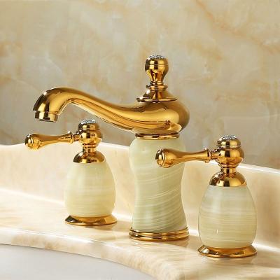 China 3-hole Basin Faucets Gold Plated 5pcs Deck Mount 5pcs Bathroom 3 Holes Basin Faucet With Jade for sale