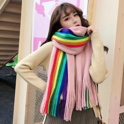 China Woolen Wind Rainbow Striped Autumn And Winter Female Thick Woolen Knitted Wild Scarf for sale