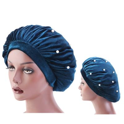 China Round Elastic Warmth Nightcaps Women Velvet Hood Pearl Scarf Covers Sleep Cap Hair Care Caps for sale