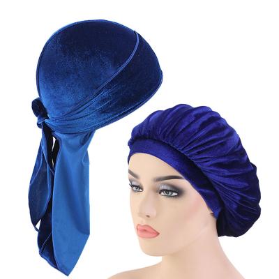 China Custom Solid Heat Resistant Doo Rag Unisex Men Durag Long Tail Waves Sleep Hat Women Velvet Hood For Men for sale