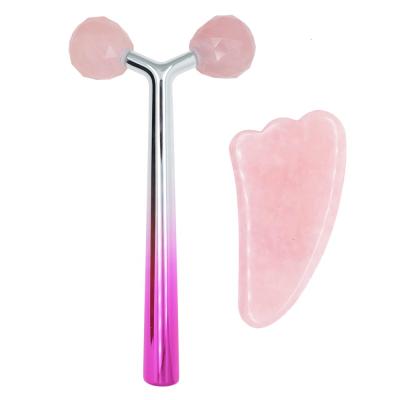 China 2021 New Face Blood Vessels And Gua Removal Natural Rose Quartz Contour Facial Roller Beauty Equipment sha for sale