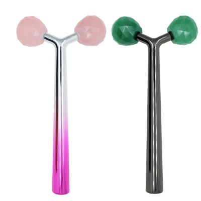 China Rose Quartz Facial Roller Y Shape Flawless Contour V Shape Lift Facial Roller for sale