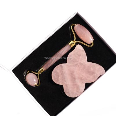 China Noisy Pink Crystal Butterfly Shape Gua Sha Free Panel, Rose Crystal Gemstone Massager Facial Roller for sale