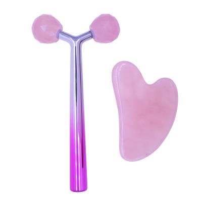 China 2 Loud Free in 1 Roller Pink Jade and Gua Sha Rose Quartz for Facial Beauty for sale