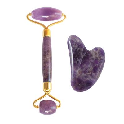 China Noisy Free Amethyst Jade Face Lift Roller and Amethyst Gua Sha for Women Beauty Skin Care Massage for sale