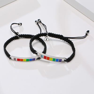 China Charm best seller Fashion New String Men Stainless Steel Adjustable Handmade Braided Black Wax Cord Rope Charm Rainbow bracelet for sale