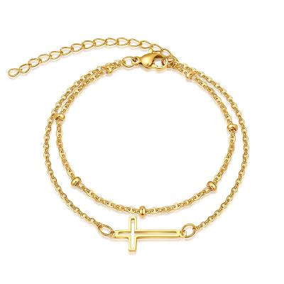 China Cross Wholesale ROSE Gold Plated Gold Plated Bead Bracelet Stainless Steel Double Layer Adjustable Bead Chain Cross Bracelet for sale