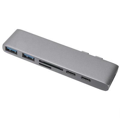 China Multifunctional Aluminum Alloy Dual Type C to USB 3.0 TF SD Card Reader Converter Six-in-One Laptop Docking Station for sale