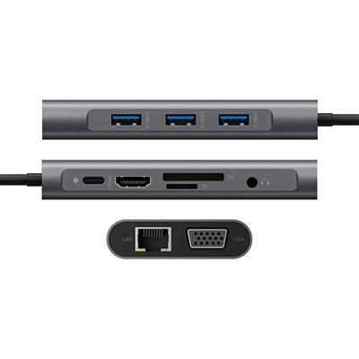 China Multifunction Type-C Data Transfer Docking Station To HD-MI VGA RJ45 PD USB 3.0 Hub Ten-in-One Hub for sale