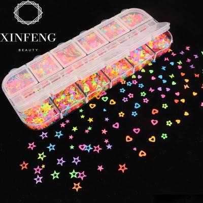 China New 2020 Nail Art 12 Hoops Neon Nail Flakes Mix Star Butterfly Heart Fruit Slice Nail Art Flakes Glitter Nails Glitter for sale