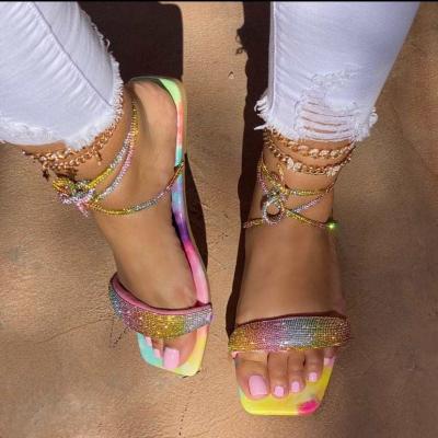 China Summer Cute Sandals Rhinestone Sandals Bling Designer Trend Fashion Flat Strap Women's Ankle Sandals for Women and Ladies for sale