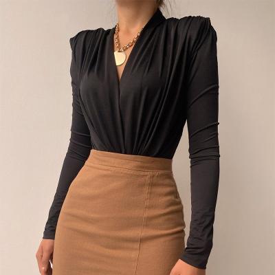 China Autumn Breathable One Piece Jumpsuit Long Sleeve Brown Jumpsuit Shirts Tops Sexy V Neck Epaulet Tops Woman for sale