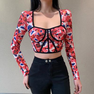 China High Top Selling Breathable Mesh Crop Top T-shirt Floral Print Women Sexy Long Sleeve Crop Tops Fall Casual Square Neck Blouses for sale