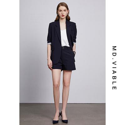 China Fashion Breathable V-Neck Button Half Sleeve Simple Blazer and Shorts Set Navy Blue Women's Blazer Set Short Sleeve Suit for sale