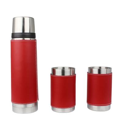 China Sustainable Stainless Steel Vacuum Bottle With Leather Wrapped Stainless Steel Vacuum Bottle Set for sale