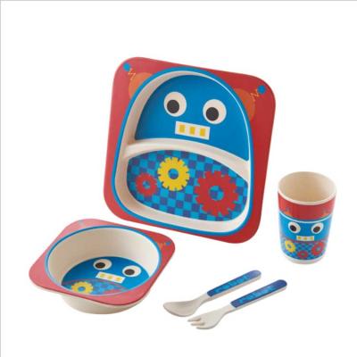 China Cartoon Bamboo Fiber Animal Bamboo Children Meal Tableware Tableware Set With Bowl Soup Plate Spoon Fork for sale