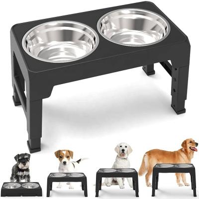 China Non-Automatic 4 Height Raised Dog Wheels Adjustable Raised Dog Bowl Rack With Dual Stainless Steel Dog Food Bowls for sale