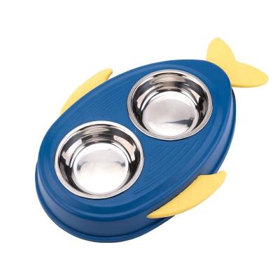 China Shape Non-automatic Fishing Pet Rolls Food and Water Dog Bowl with 2 Stainless Steel Bowls and Anti-skidding Holder for sale