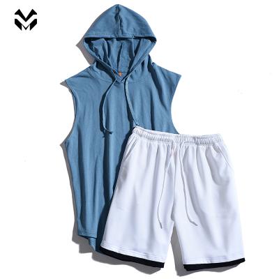 China Custom Made Breathable Mens Sportswear Muscle Hoodie Fashion Summer Slim Fit Jogger Sleeveless Shorts Set For Men for sale