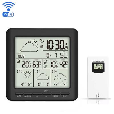 China 24 Hours Temperature Measuring WIFI Digital Weather Station Wireless Sensor Alarm Clock Temperature Humidity Indoor Outdoor LCD Display Pressure Monitor for sale