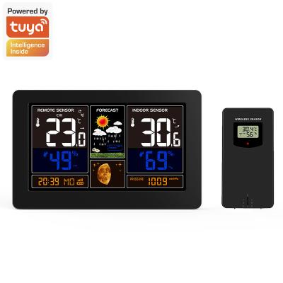 China 24 Hours Temperature Measurement TUYA WIFI Weather Station Time Clock Indoor Outdoor Wireless Temperature Humidity Monitor With Sensor USB Charger for sale