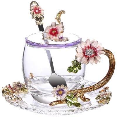 China 2020 Novelty High Quality Disposable Flower Tea Cup Coffee Enamel Stocked Glass Cups With Spoon And Lid For Wedding Gift Perfect for sale