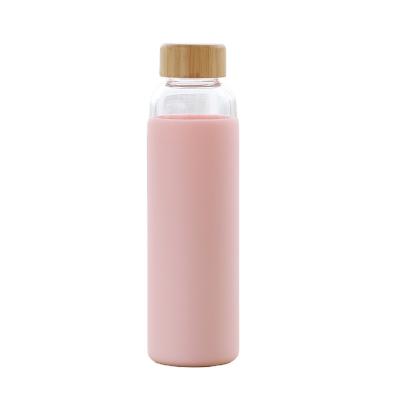 China Small Fresh Outdoor Portable Glass Water Bottles Cup Lid Silicone Single Layer Viable Sleeve Bamboo Glass Water Bottle for sale